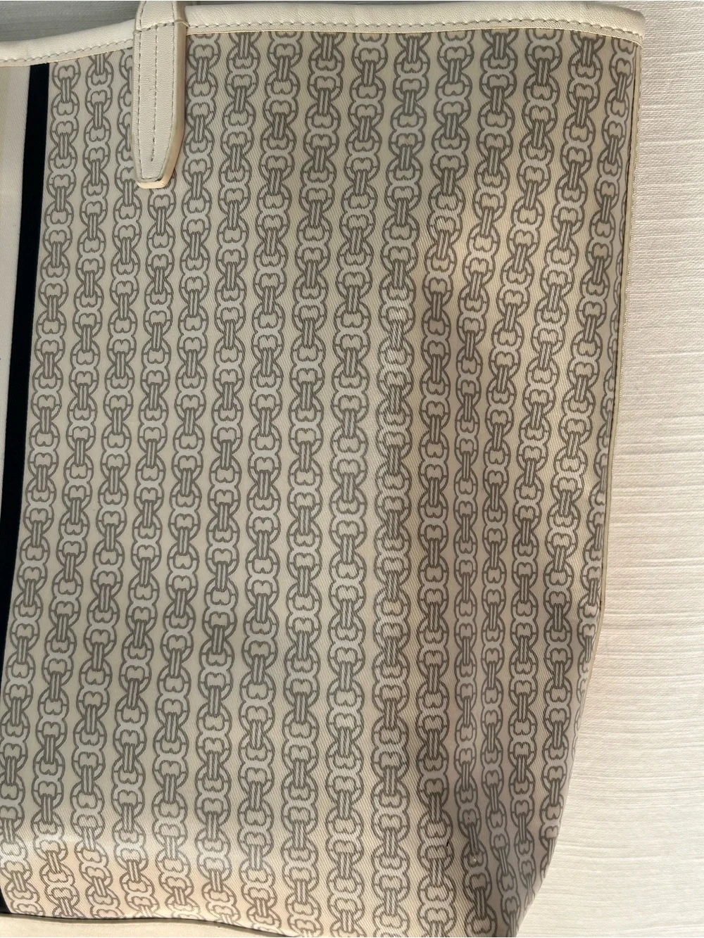 Tory Burch Cream Classic Preppy Logo-Print Tote with Navy Stripe